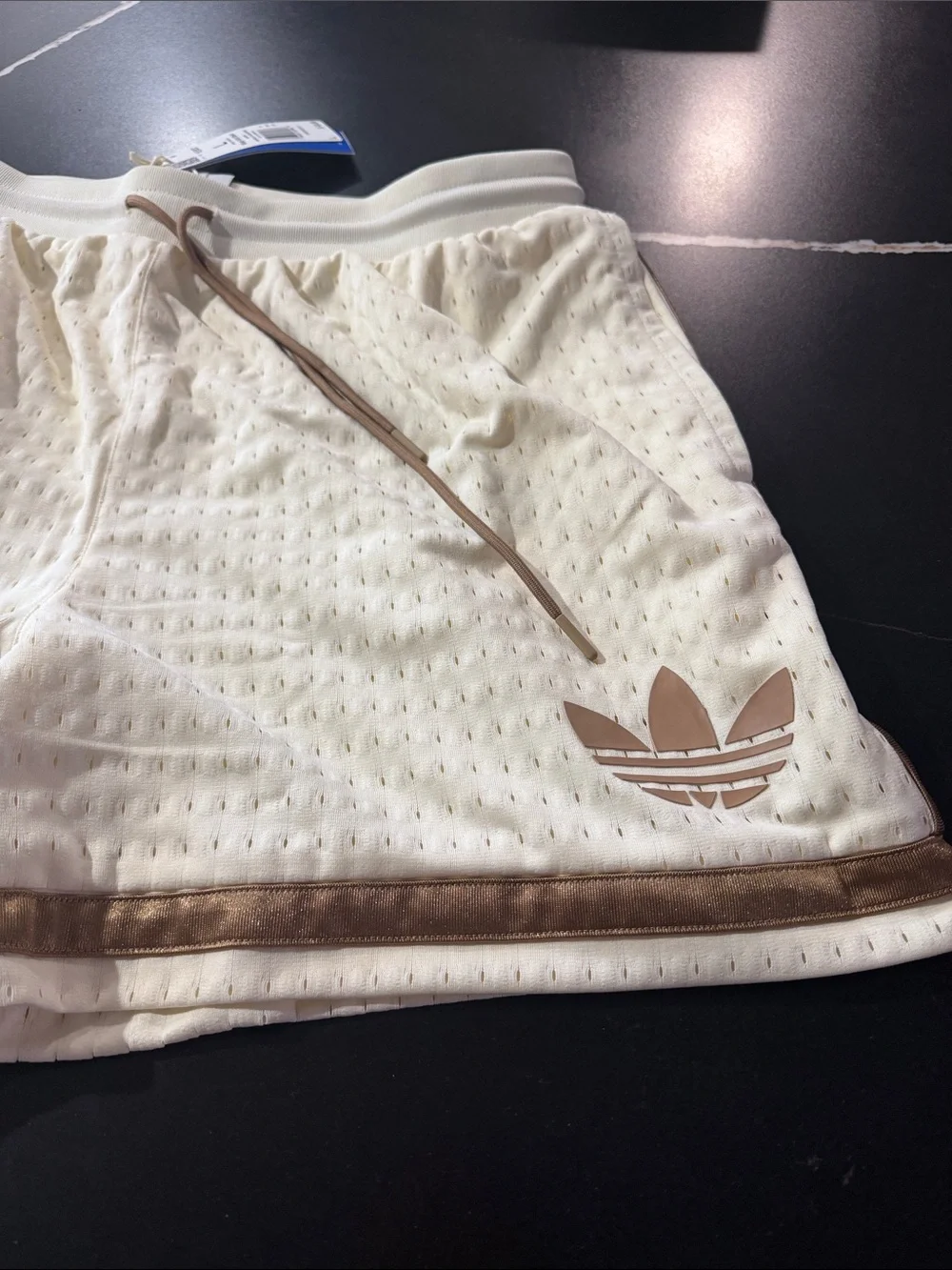 adidas Cream Mesh Shorts with Brown Metallic Trim